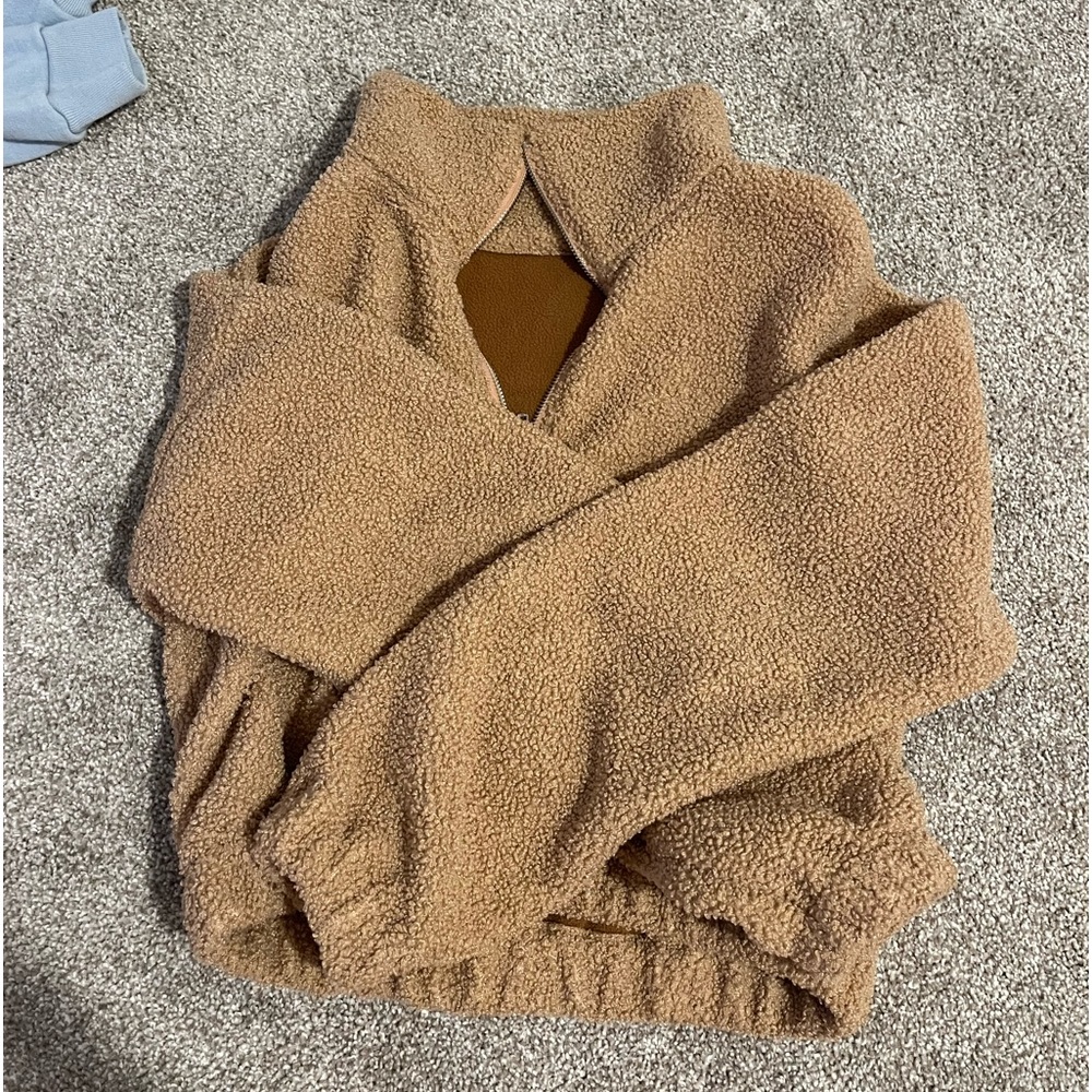 fuzzy cropped light brown crew neck